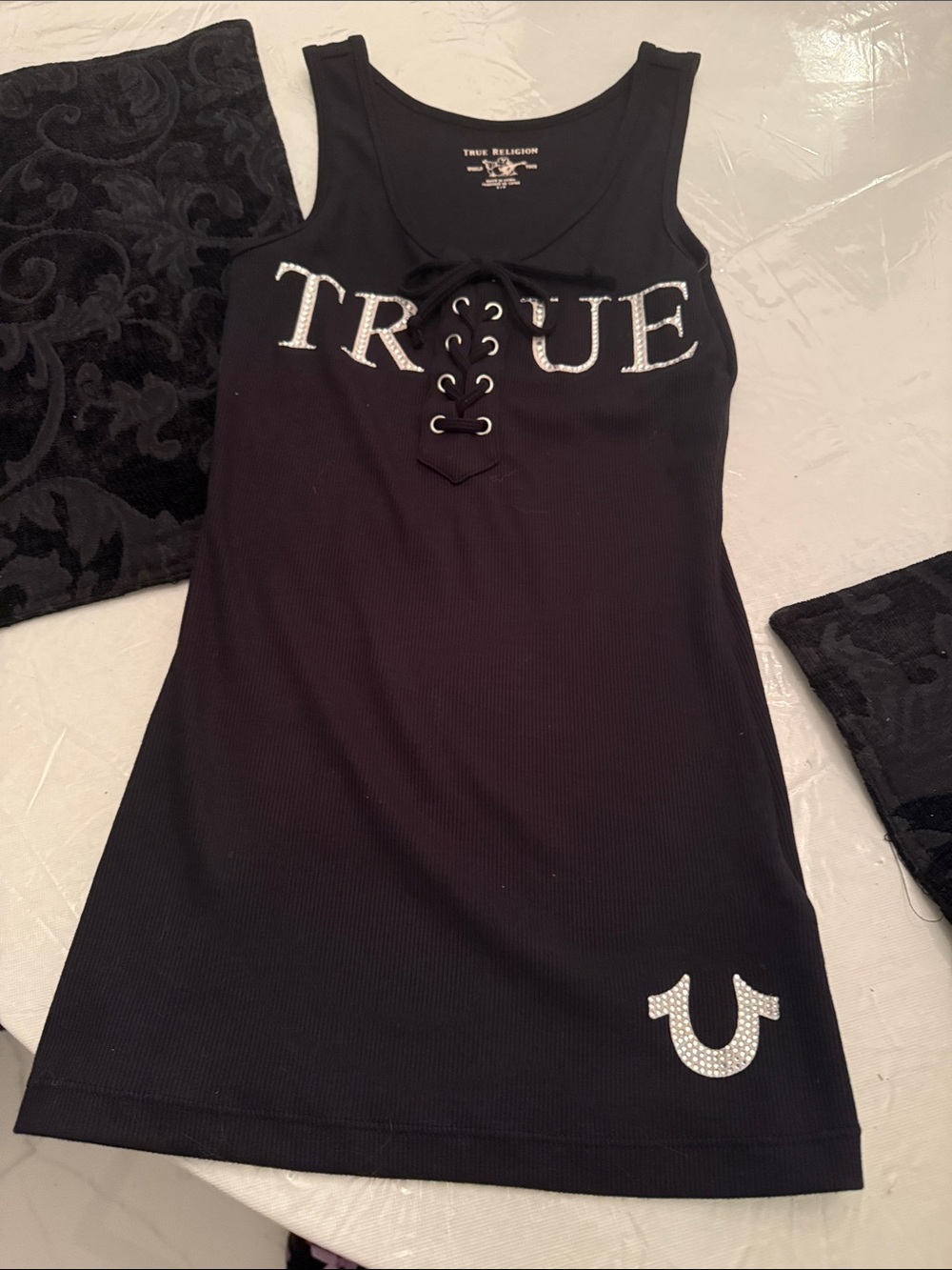 True Religion Black Lace-Up Tank with Rhinestone Logo